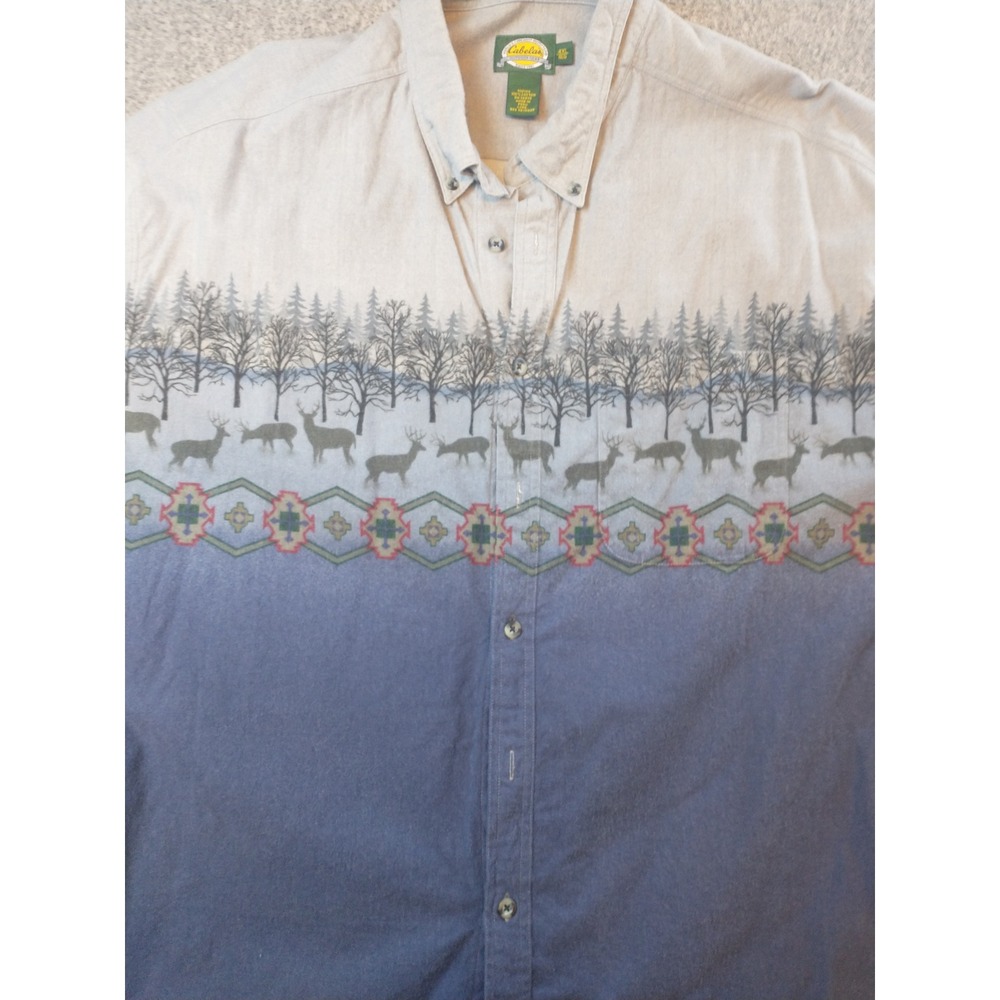 Cabelas Mens 4XL Flannel Shirt Blue Tan Scenic Deer Trees Cotton Button Down